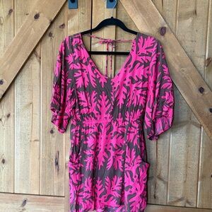 Manuhealii Brown Tunic Dress with Bright Pink Leaf Print